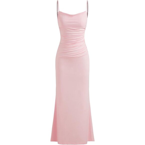 Women Maxi Dress Slim Fit Cowl Neck Backless Ruched Evening Gown - Picture 1 of 7